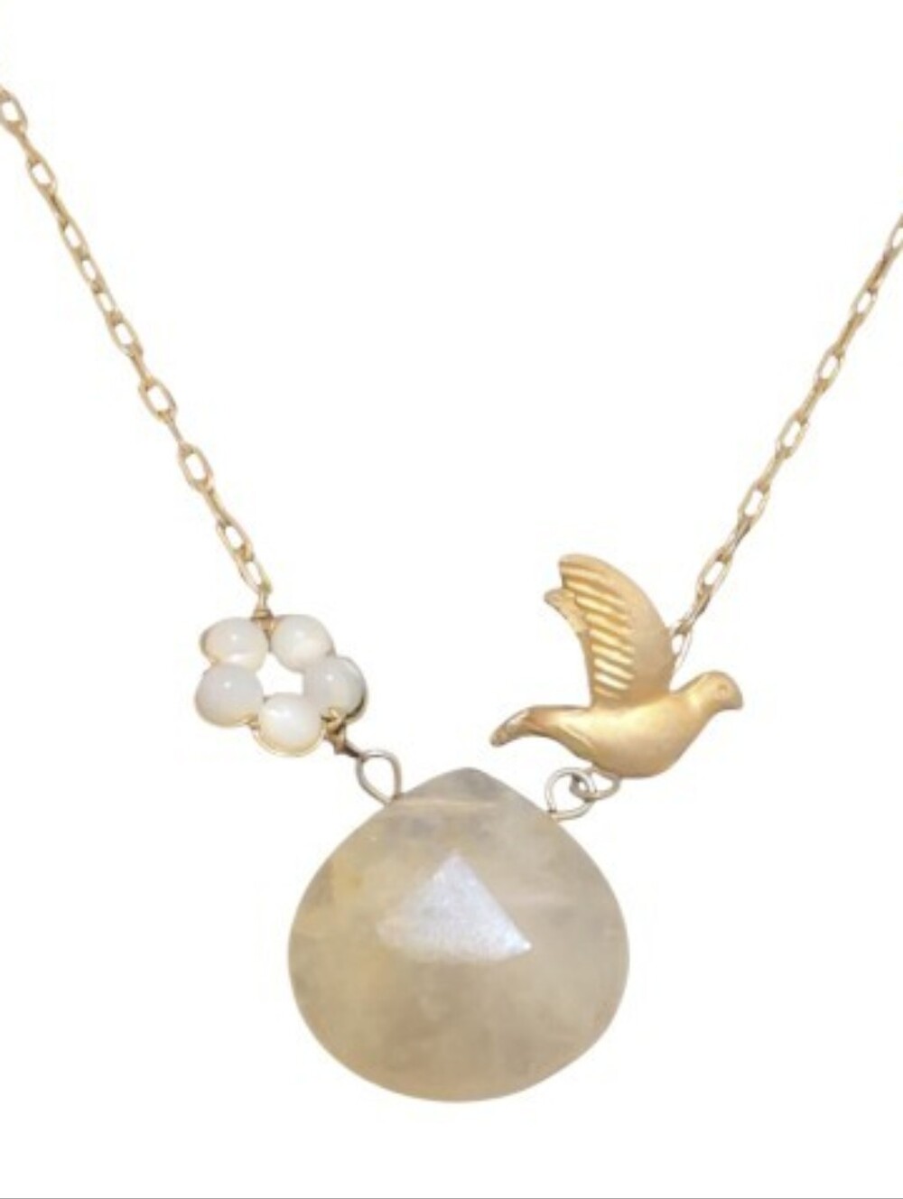 Artisan Gold Dove Necklace with White Flower and Champagne Gemstone